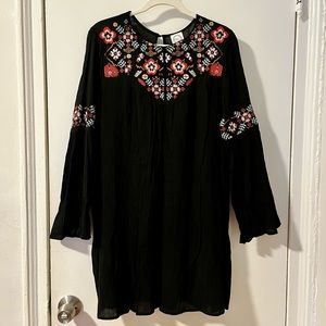 Blue Rain Boho Black Floral Long Sleeve Tunic Dress | Size Large